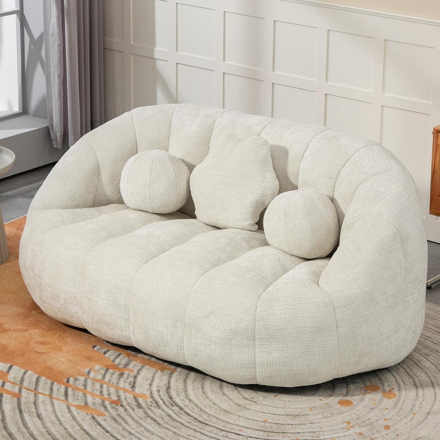 Large Lounger Lazy Loveseat Chair, 64''W Bean Bag Sofa with Wrap-Around Backrest and 2 Pillows, Chenille Fabric Accent Floor Sofa