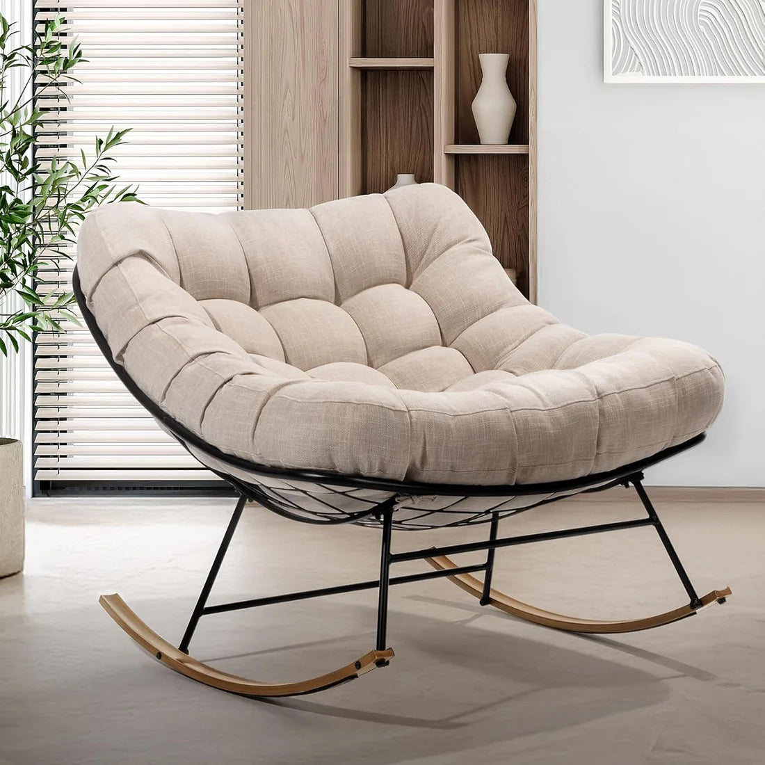 🔥【Summer Limited Time Offer】Grey Outdoor Papasan Rocking Chair with Cushion