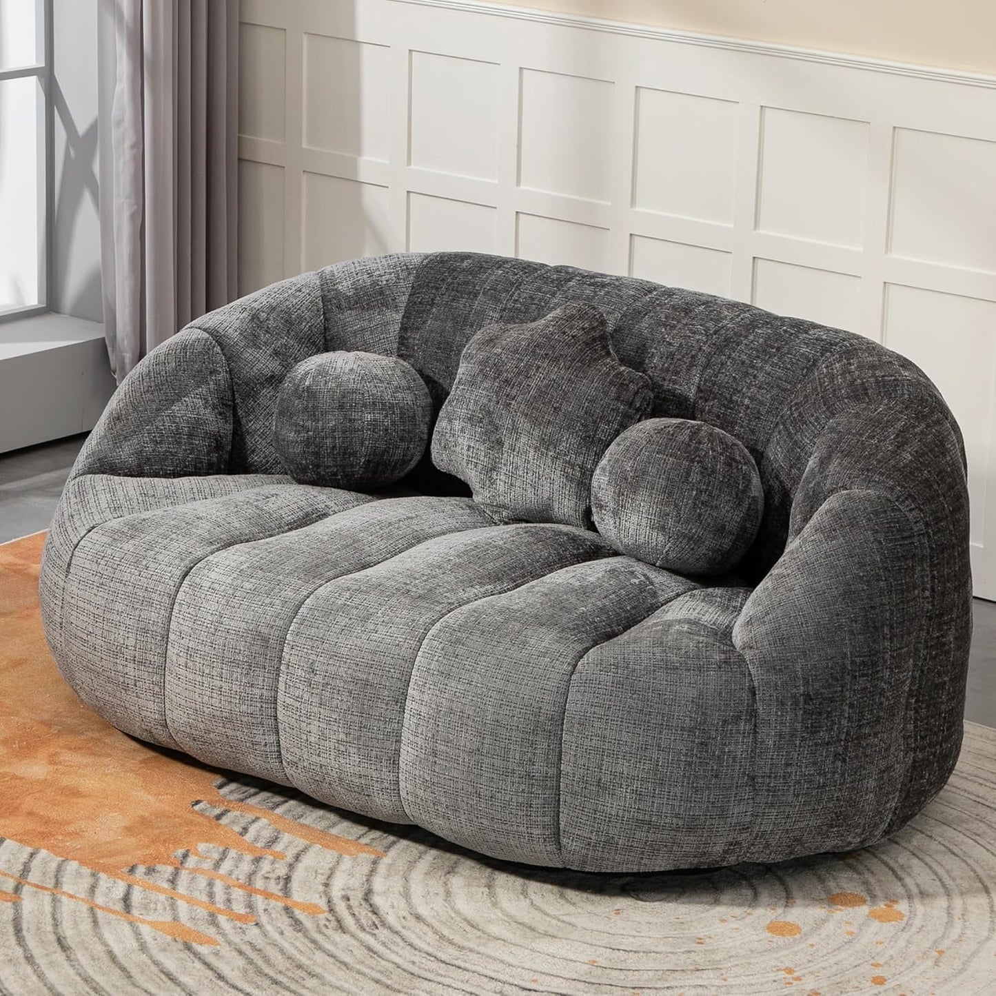 Large Lounger Lazy Loveseat Chair, 64''W Bean Bag Sofa with Wrap-Around Backrest and 2 Pillows, Chenille Fabric Accent Floor Sofa