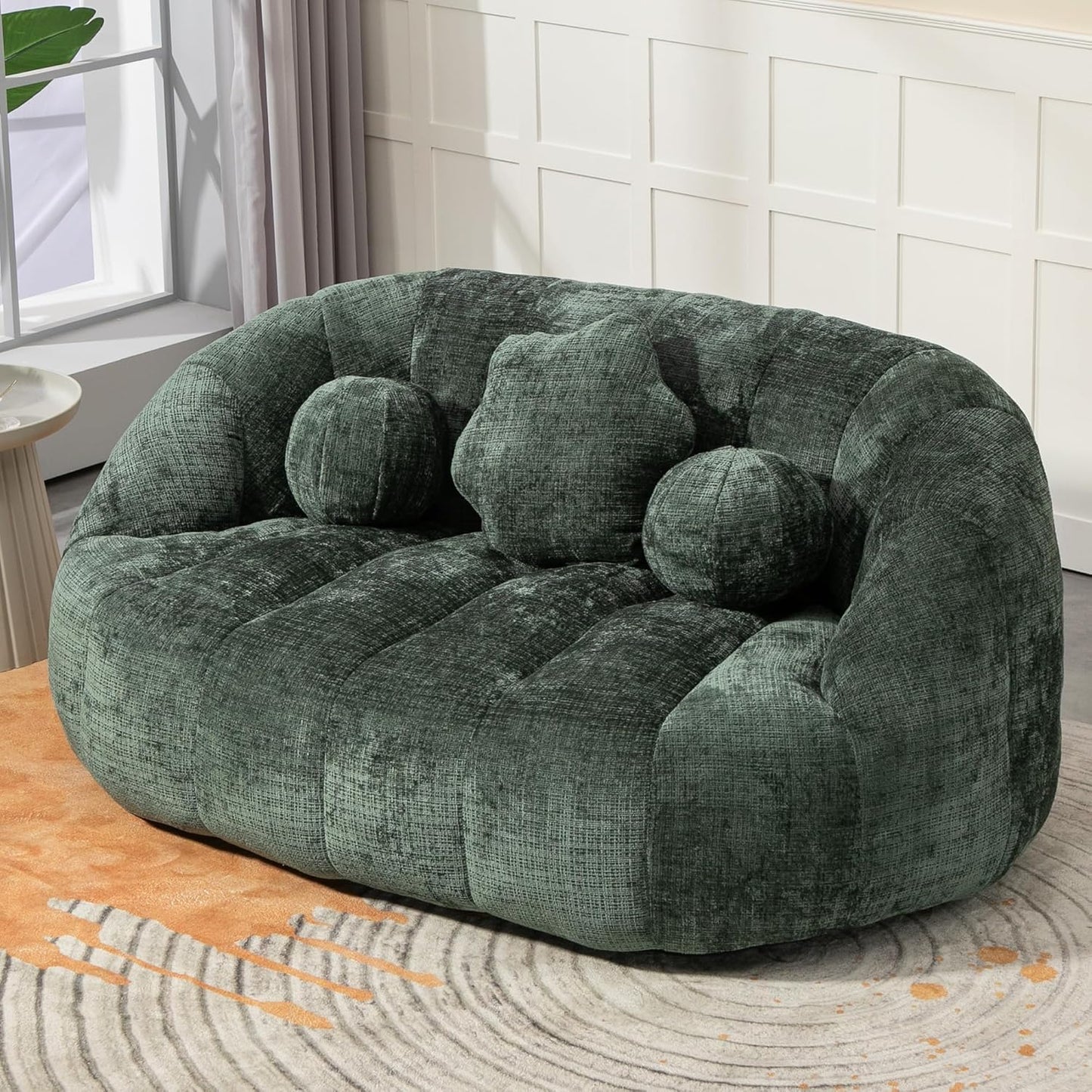 Large Lounger Lazy Loveseat Chair, 64''W Bean Bag Sofa with Wrap-Around Backrest and 2 Pillows, Chenille Fabric Accent Floor Sofa