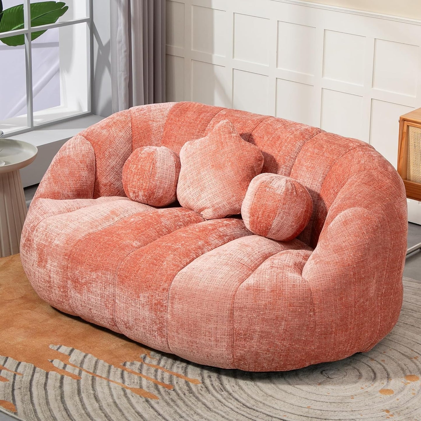 Large Lounger Lazy Loveseat Chair, 64''W Bean Bag Sofa with Wrap-Around Backrest and 2 Pillows, Chenille Fabric Accent Floor Sofa