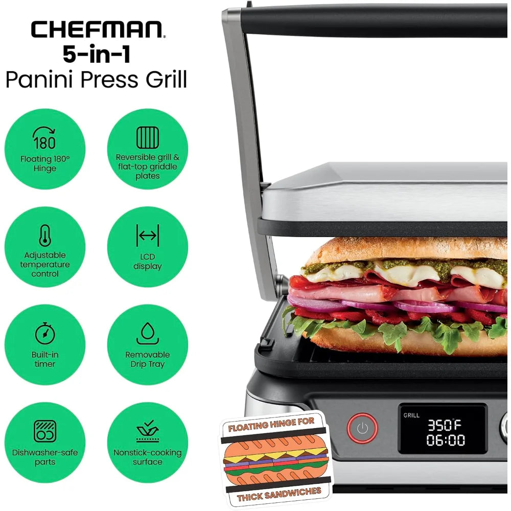 5-in-1 Digital Panini Press Grill Sandwich Maker and Griddle Grill with Removable, Reversible Safe Grilling Plates, Opens 180°