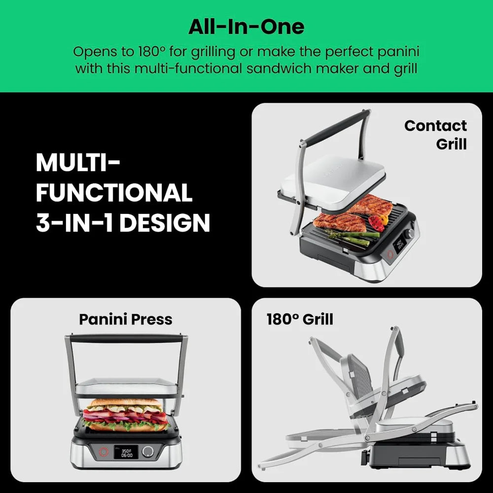 5-in-1 Digital Panini Press Grill Sandwich Maker and Griddle Grill with Removable, Reversible Safe Grilling Plates, Opens 180°
