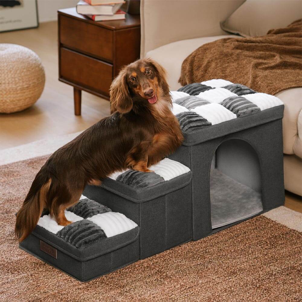 ✨Chessboard Plaid Handcrafted Dog Stairs with Storage - Multifunctional and Foldable🐶🏡