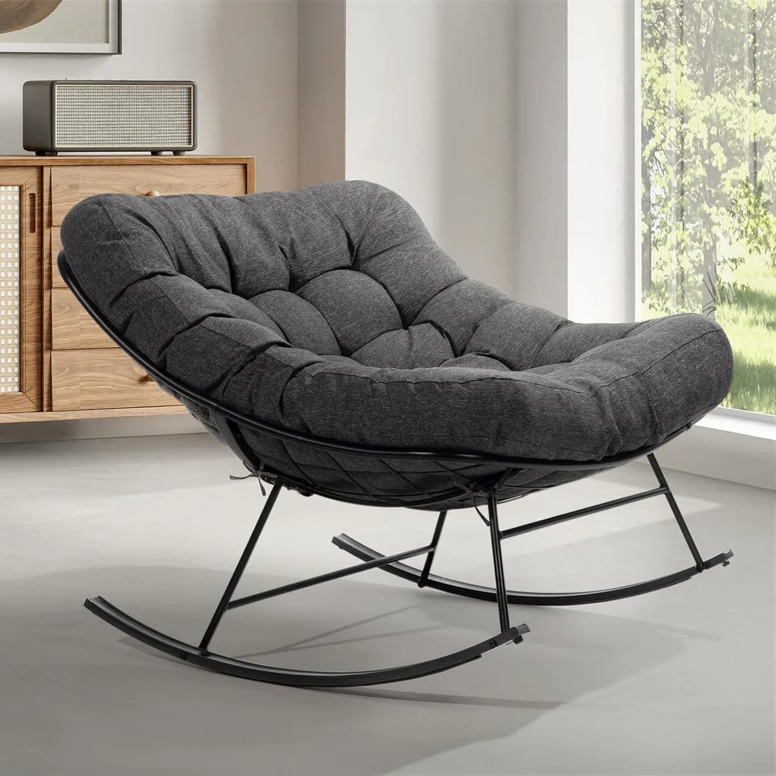 🔥【Summer Limited Time Offer】Grey Outdoor Papasan Rocking Chair with Cushion