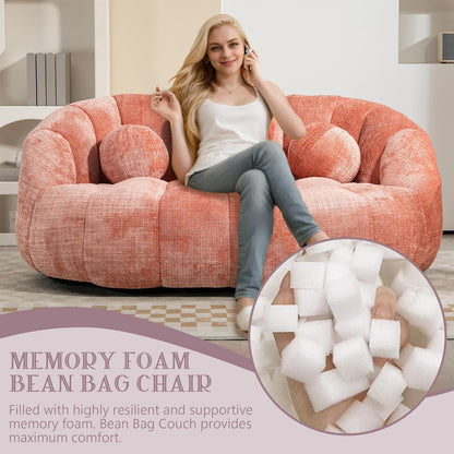 Large Lounger Lazy Loveseat Chair, 64''W Bean Bag Sofa with Wrap-Around Backrest and 2 Pillows, Chenille Fabric Accent Floor Sofa