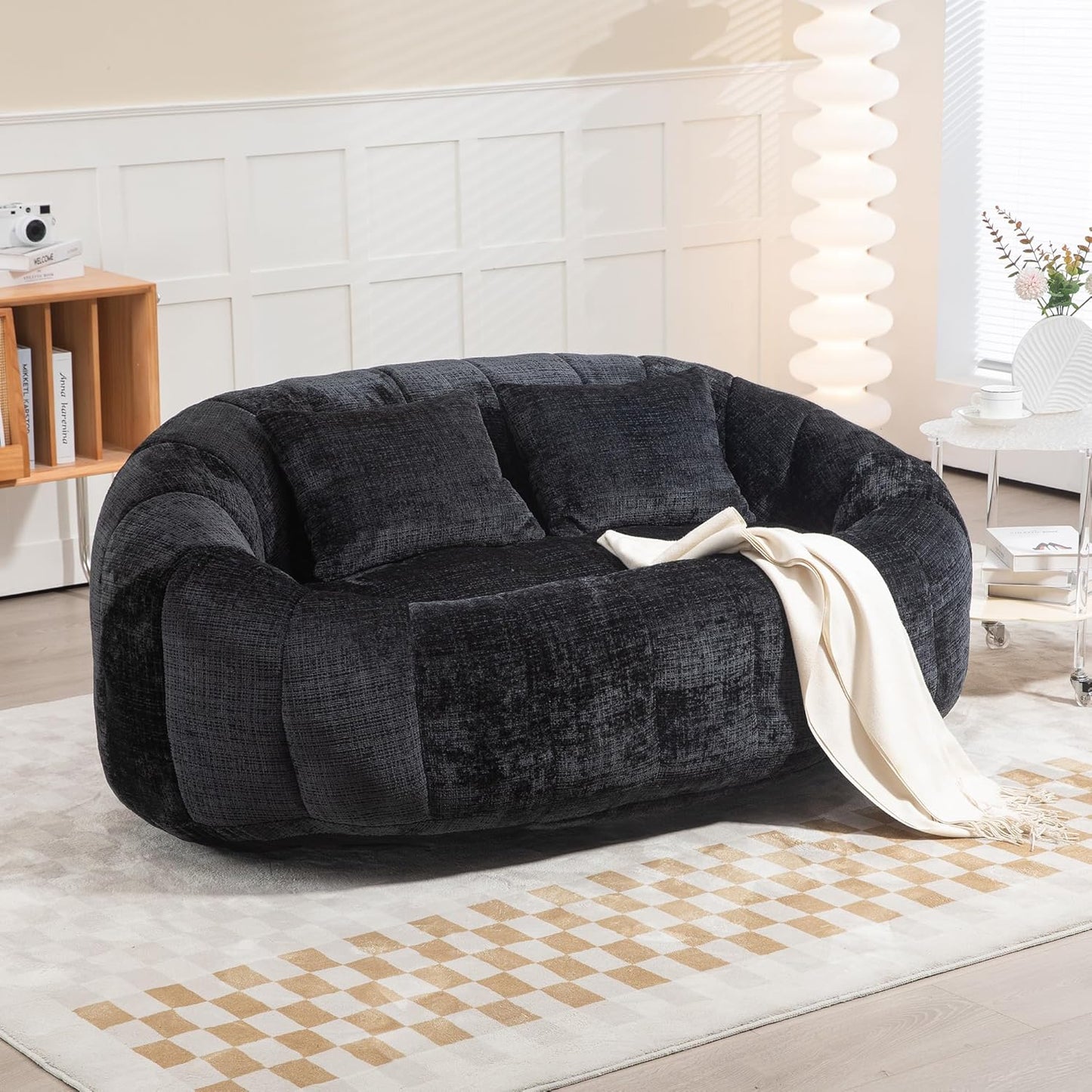 Large Lounger Lazy Loveseat Chair, 64''W Bean Bag Sofa with Wrap-Around Backrest and 2 Pillows, Chenille Fabric Accent Floor Sofa