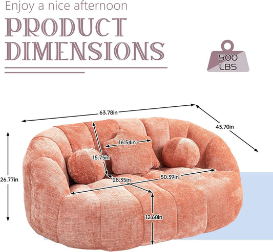 Large Lounger Lazy Loveseat Chair, 64''W Bean Bag Sofa with Wrap-Around Backrest and 2 Pillows, Chenille Fabric Accent Floor Sofa