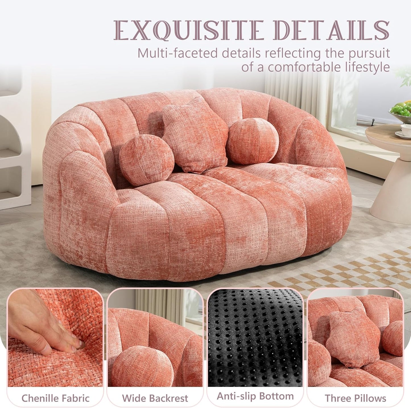 Large Lounger Lazy Loveseat Chair, 64''W Bean Bag Sofa with Wrap-Around Backrest and 2 Pillows, Chenille Fabric Accent Floor Sofa
