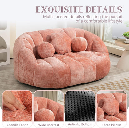 Large Lounger Lazy Loveseat Chair, 64''W Bean Bag Sofa with Wrap-Around Backrest and 2 Pillows, Chenille Fabric Accent Floor Sofa