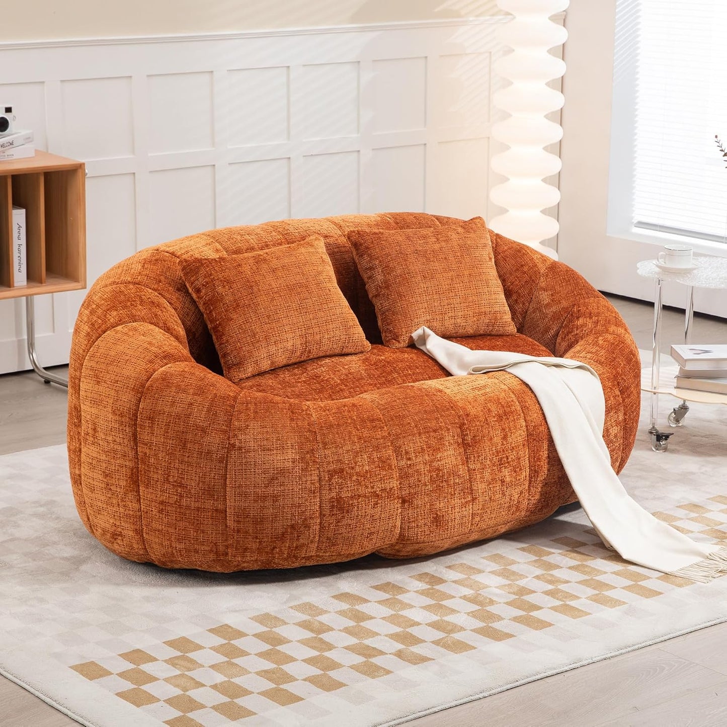 Large Lounger Lazy Loveseat Chair, 64''W Bean Bag Sofa with Wrap-Around Backrest and 2 Pillows, Chenille Fabric Accent Floor Sofa