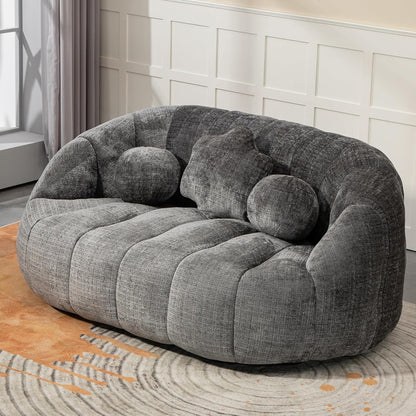 Large Lounger Lazy Loveseat Chair, 64''W Bean Bag Sofa with Wrap-Around Backrest and 2 Pillows, Chenille Fabric Accent Floor Sofa