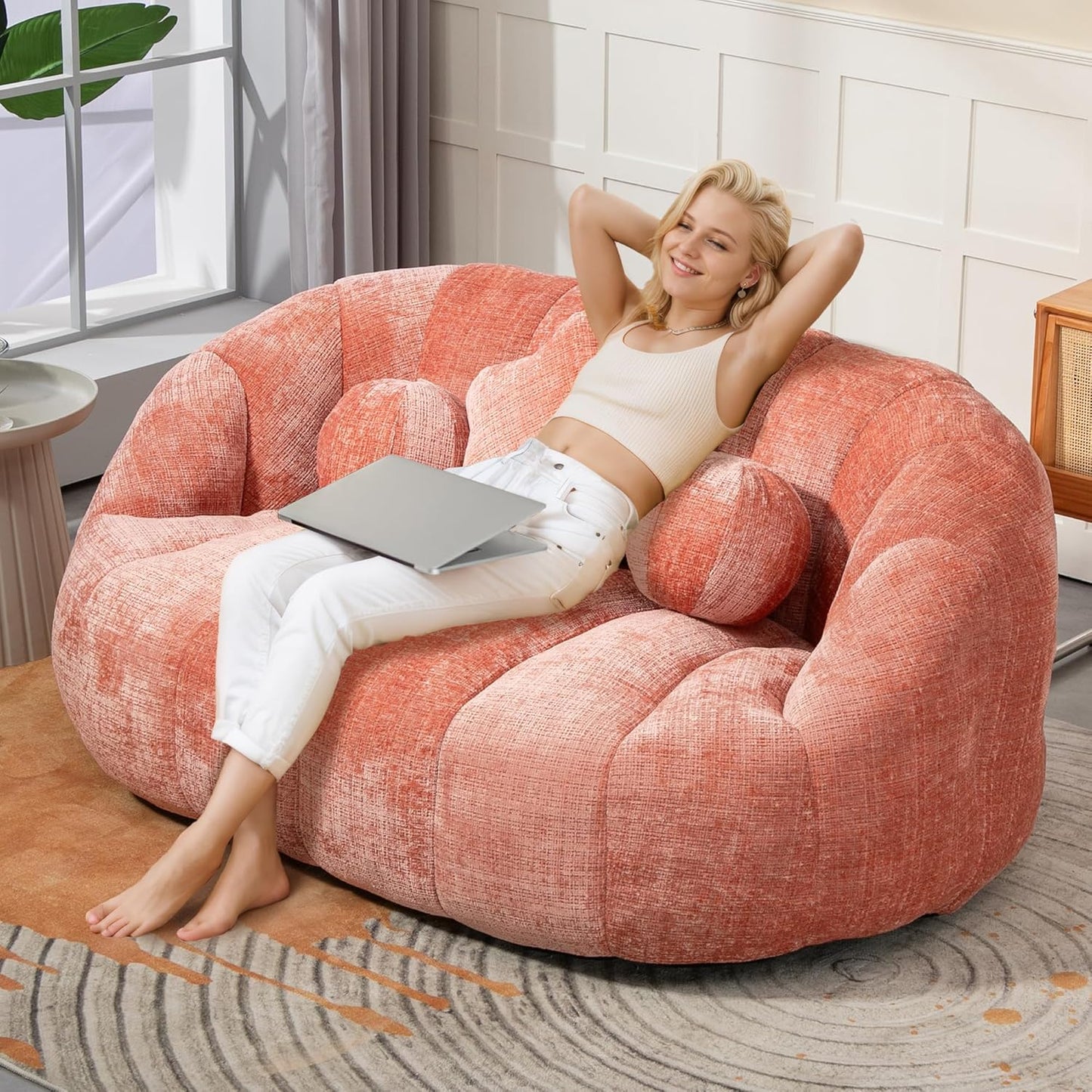 Large Lounger Lazy Loveseat Chair, 64''W Bean Bag Sofa with Wrap-Around Backrest and 2 Pillows, Chenille Fabric Accent Floor Sofa