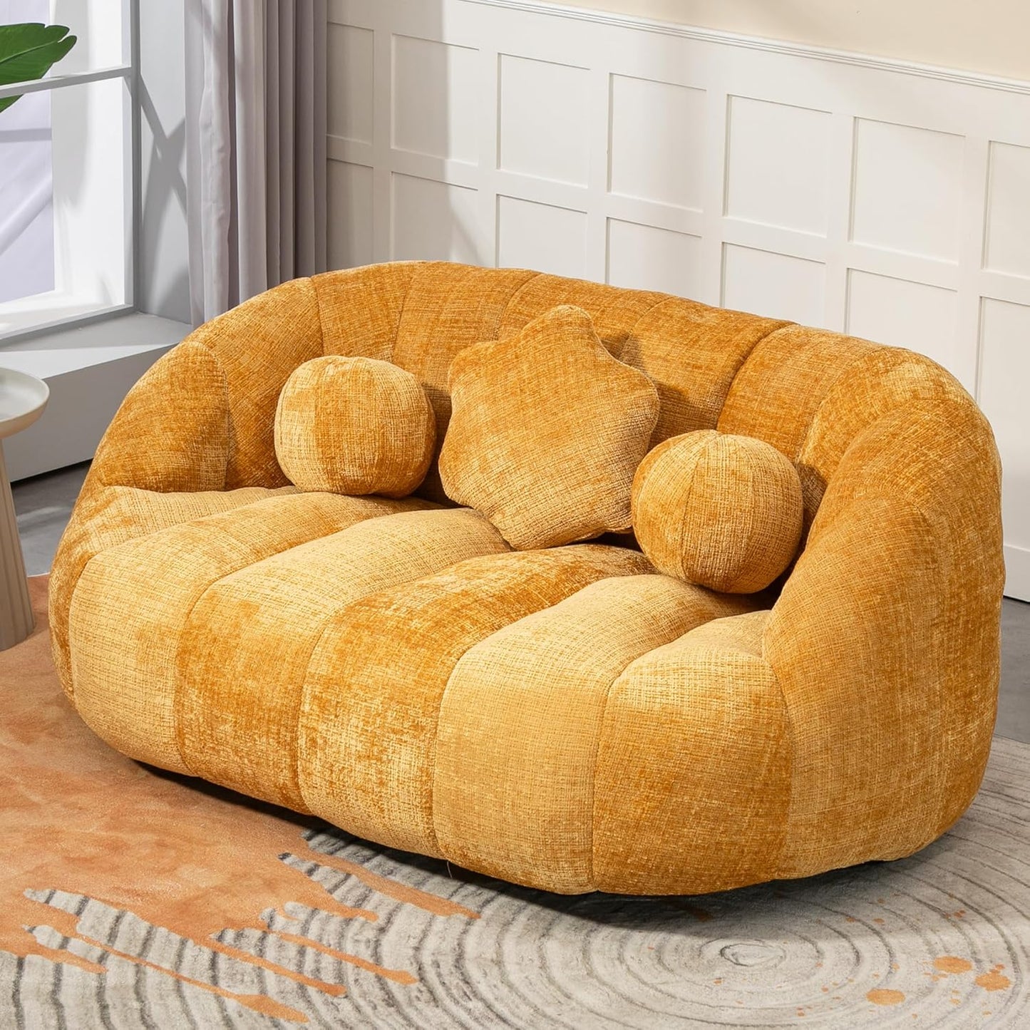 Large Lounger Lazy Loveseat Chair, 64''W Bean Bag Sofa with Wrap-Around Backrest and 2 Pillows, Chenille Fabric Accent Floor Sofa