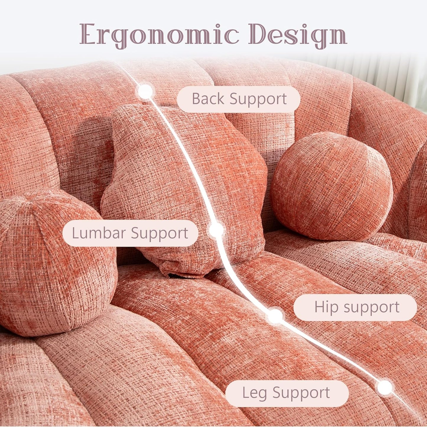 Large Lounger Lazy Loveseat Chair, 64''W Bean Bag Sofa with Wrap-Around Backrest and 2 Pillows, Chenille Fabric Accent Floor Sofa