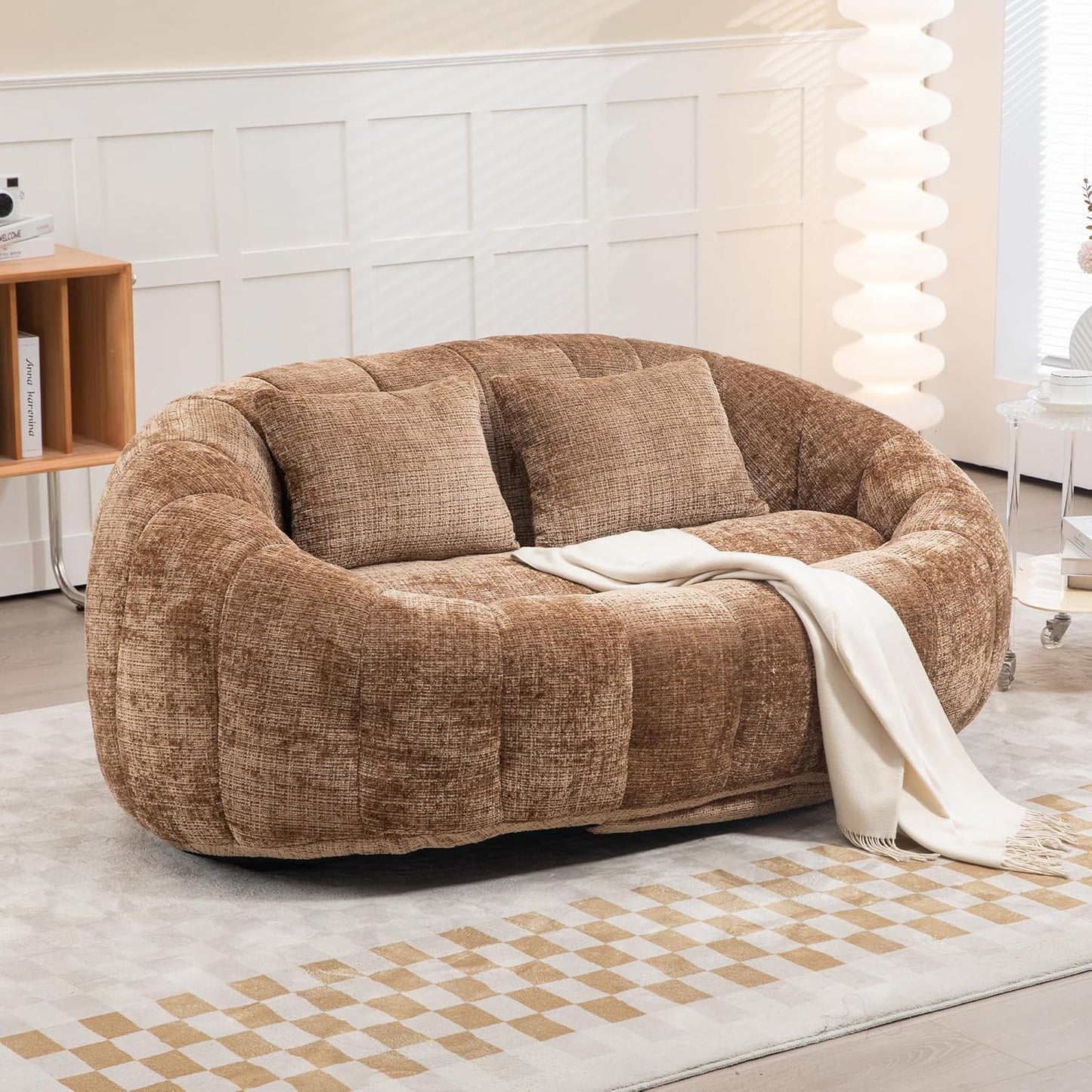 Large Lounger Lazy Loveseat Chair, 64''W Bean Bag Sofa with Wrap-Around Backrest and 2 Pillows, Chenille Fabric Accent Floor Sofa
